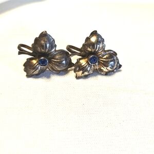Vintage Sterling Silver with Blue Rhinestone Leaf Screw Back Earrings